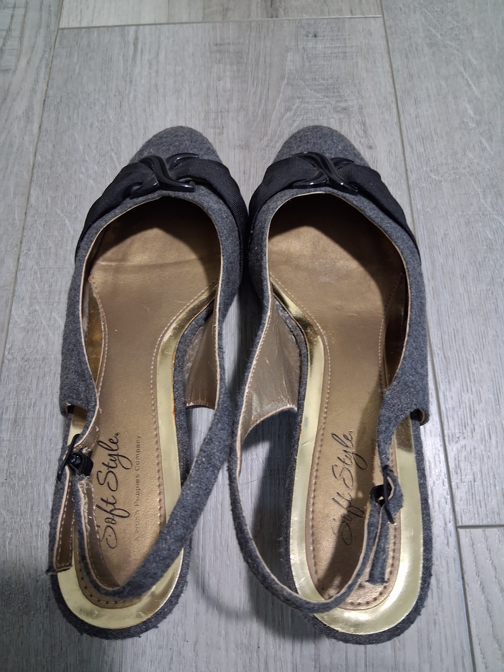 Soft Style Gray Slingback Flats with Black Bow Accent